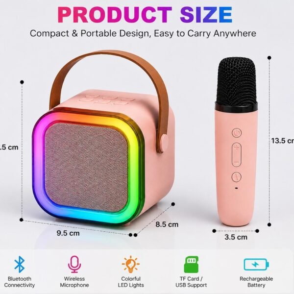 ROCK LIGHT 4-in-1 Portable Bluetooth Speaker with Wireless Karaoke Microphone | RGB LED Light | USB/TF Card Support | Rechargeable Music Party Speaker