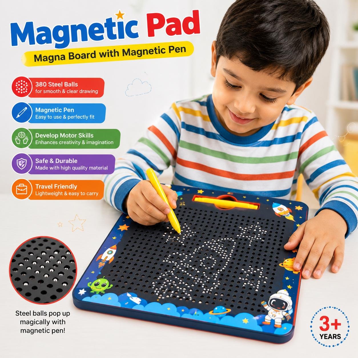 Magnetic Drawing Pad for Kids | 380 Steel Balls Magic Writing Board with Magnetic Pen | Educational Learning Toy | Reusable Sketch Board | 3+ Years - Image 4