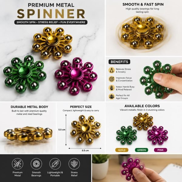 Premium Metal Fidget Spinner Toy | High Speed Hand Spinner with Steel Bearings | Stress Relief Finger Spinner for Kids & Adults | Smooth & Silent Spin | Assorted Metallic Colors