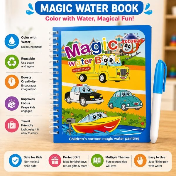 Magic Water Coloring Book for Kids with Refillable Water Pen | Reusable Water Painting Book | Mess-Free Educational Drawing Book | Travel Activity Book for Boys & Girls