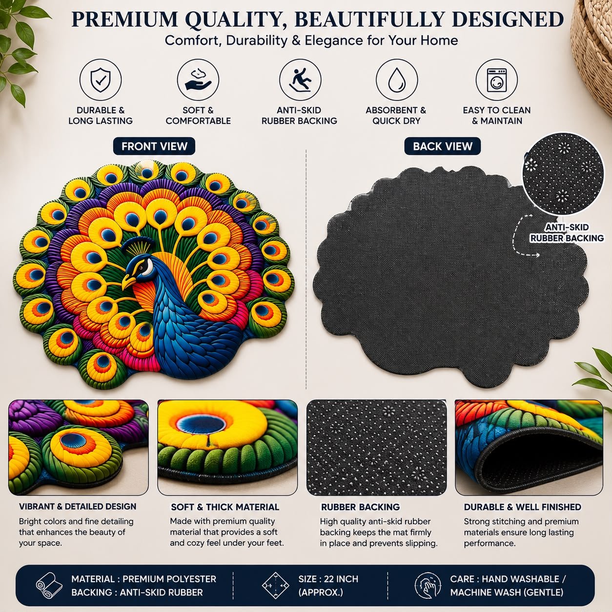 Premium Peacock Shape Floor Mat | Soft Anti-Skid Rubber Backing | Washable Decorative Door Mat for Living Room, Bedroom, Bathroom & Entrance | - Image 3