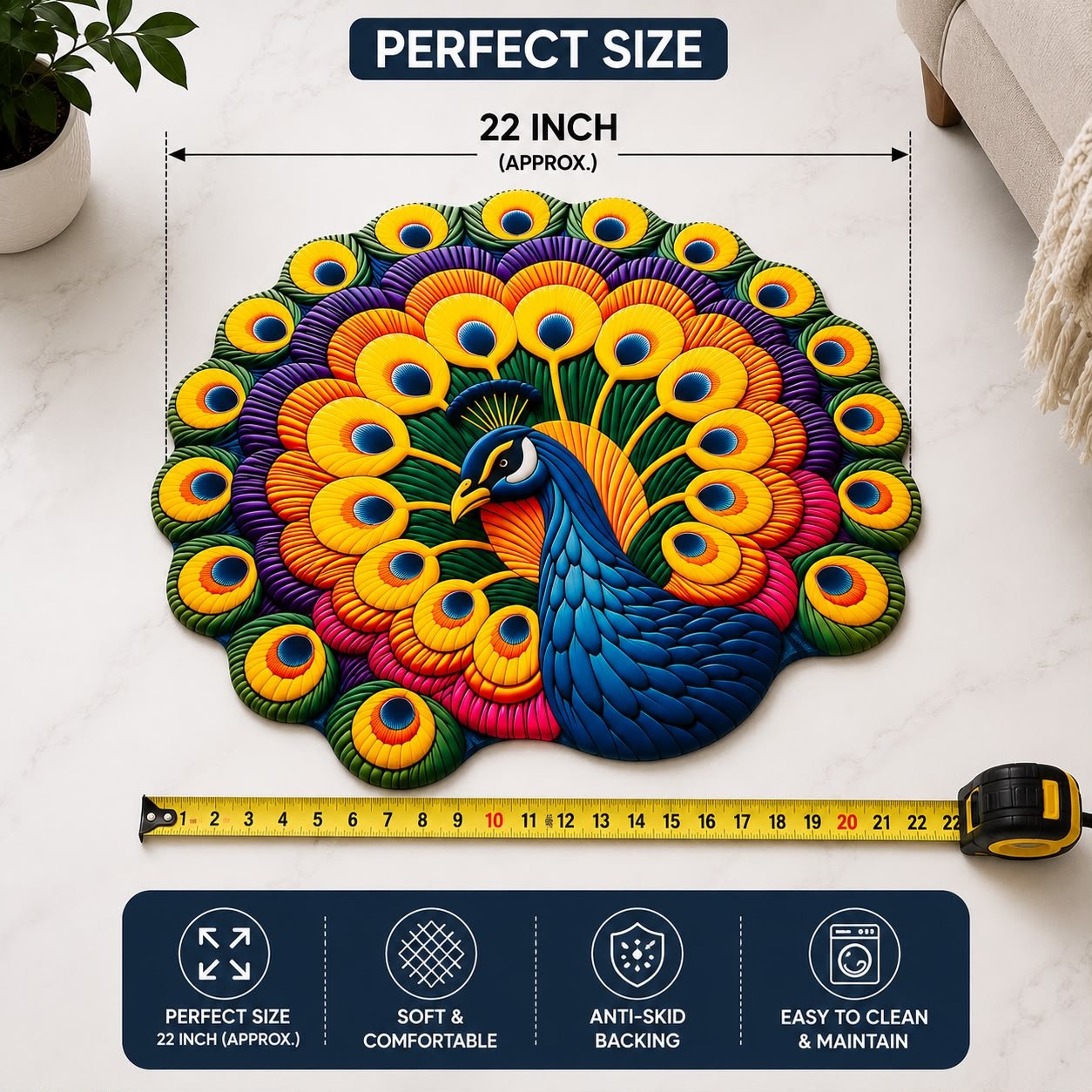 Premium Peacock Shape Floor Mat | Soft Anti-Skid Rubber Backing | Washable Decorative Door Mat for Living Room, Bedroom, Bathroom & Entrance | - Image 4