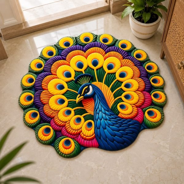 Premium Peacock Shape Floor Mat | Soft Anti-Skid Rubber Backing | Washable Decorative Door Mat for Living Room, Bedroom, Bathroom & Entrance |