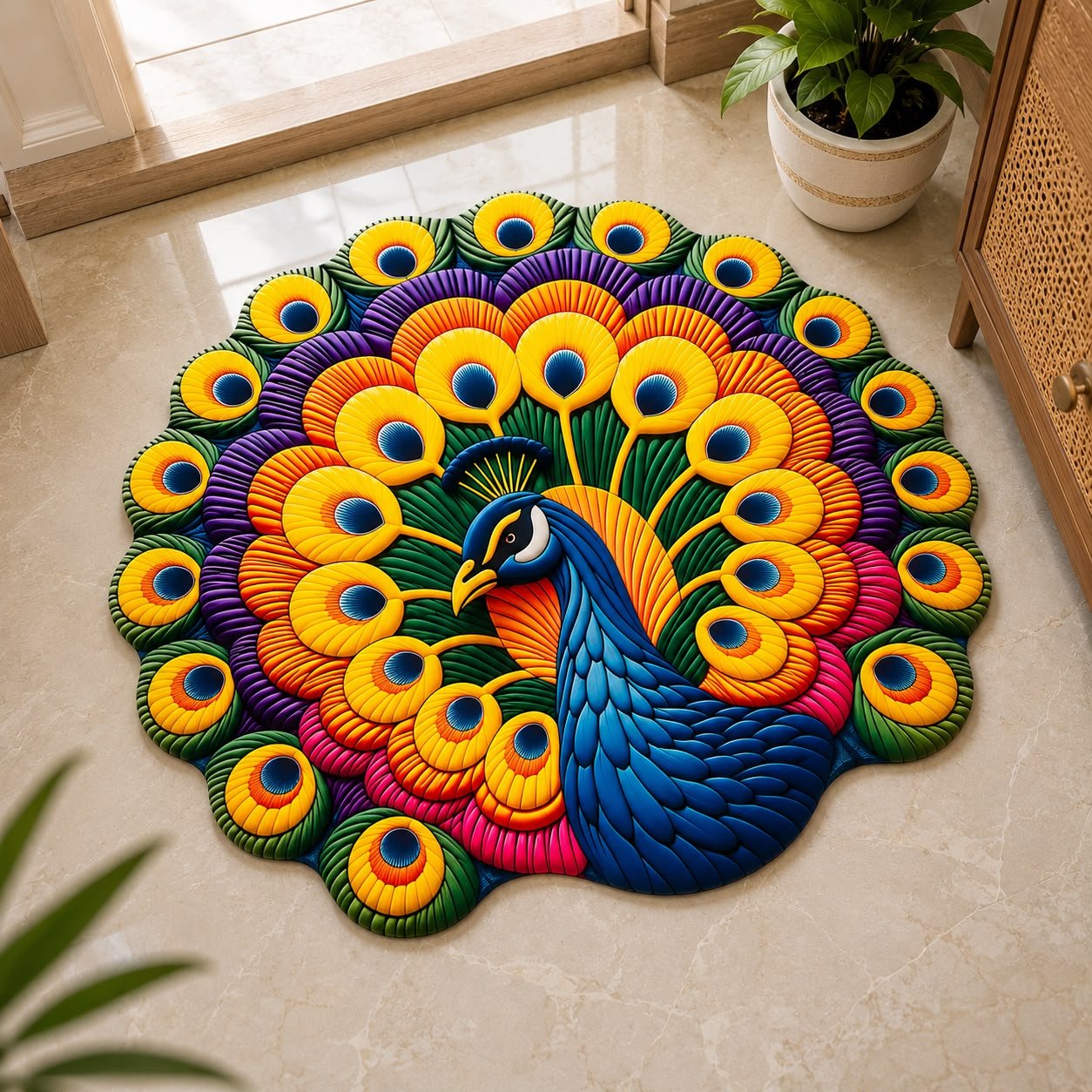 Premium Peacock Shape Floor Mat | Soft Anti-Skid Rubber Backing | Washable Decorative Door Mat for Living Room, Bedroom, Bathroom & Entrance |