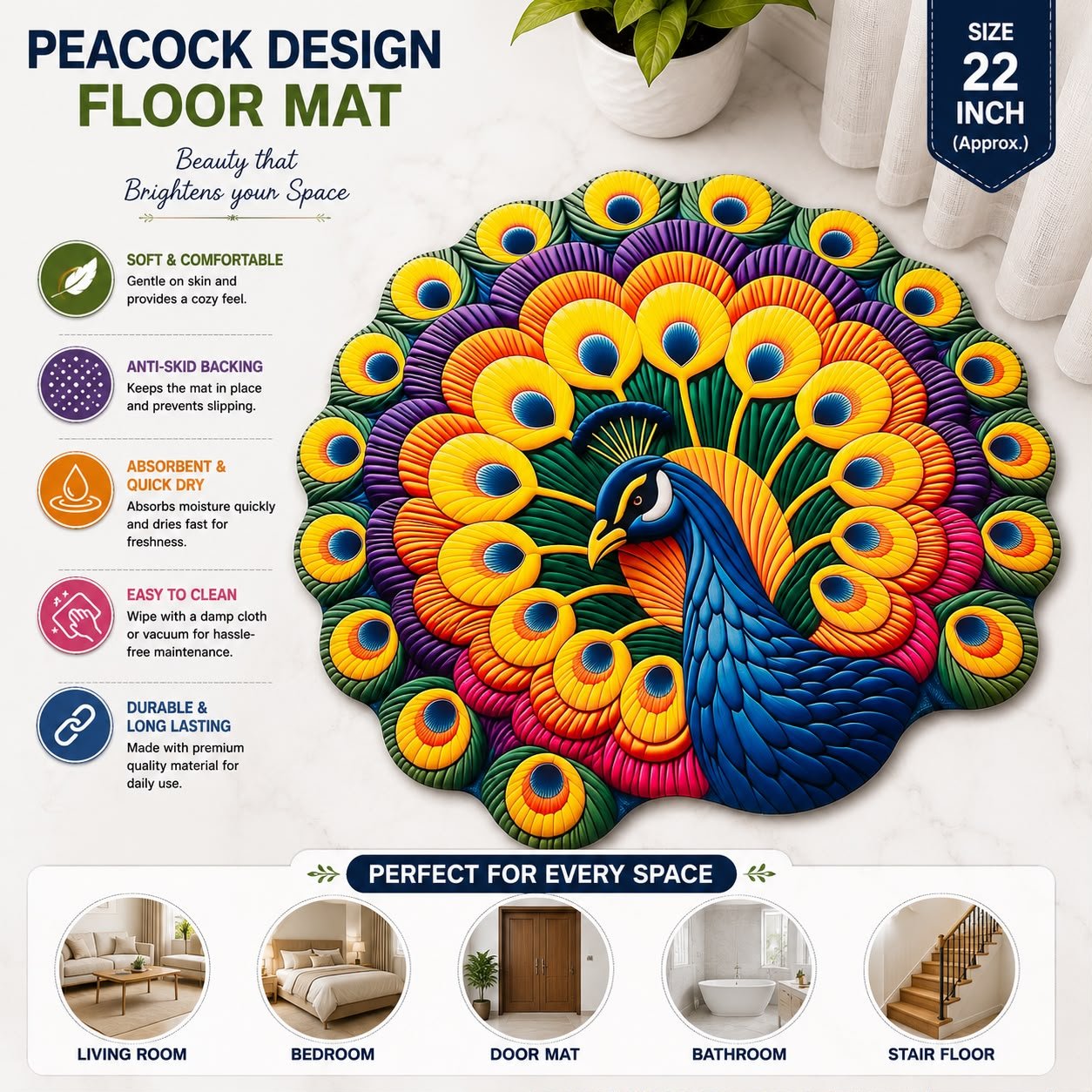Premium Peacock Shape Floor Mat | Soft Anti-Skid Rubber Backing | Washable Decorative Door Mat for Living Room, Bedroom, Bathroom & Entrance | - Image 2