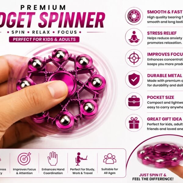 Premium Metallic Pink Fidget Spinner | High-Speed Metal Hand Spinner with Precision Bearing | Stress Relief Desk Toy for Kids & Adults | Pocket Size Spinner