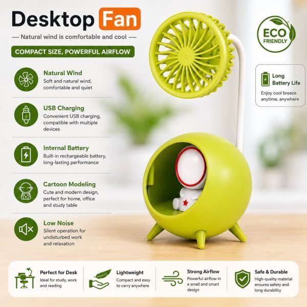 Rechargeable Green Mini USB Desktop Fan | Portable Quiet Desk Fan with Night Light
