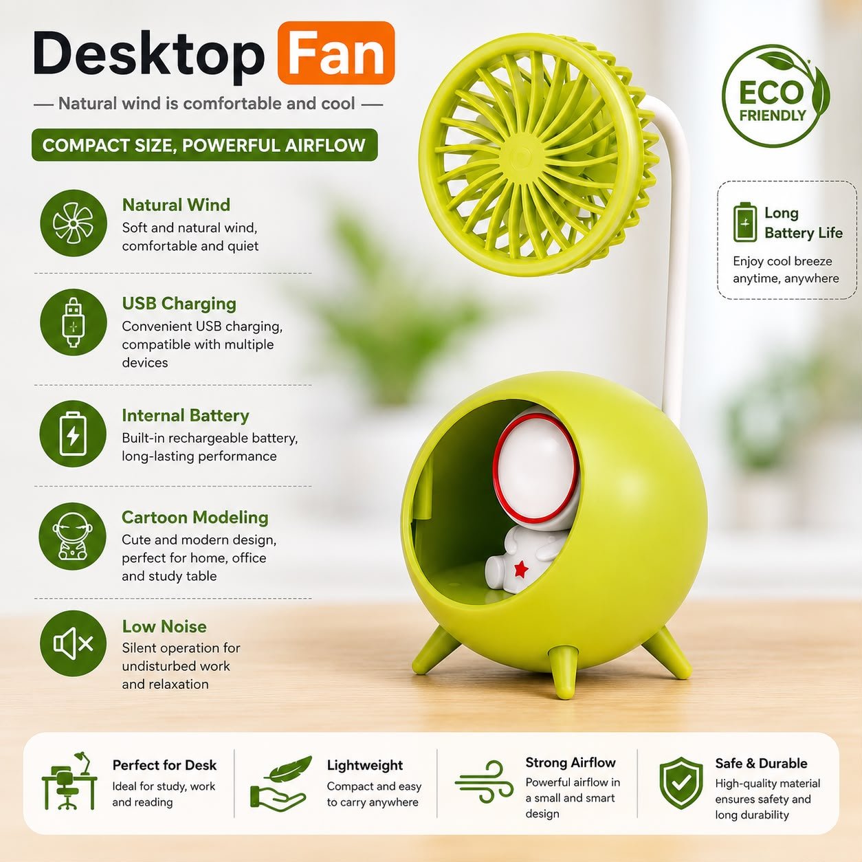 Rechargeable Green Mini USB Desktop Fan | Portable Quiet Desk Fan with Night Light