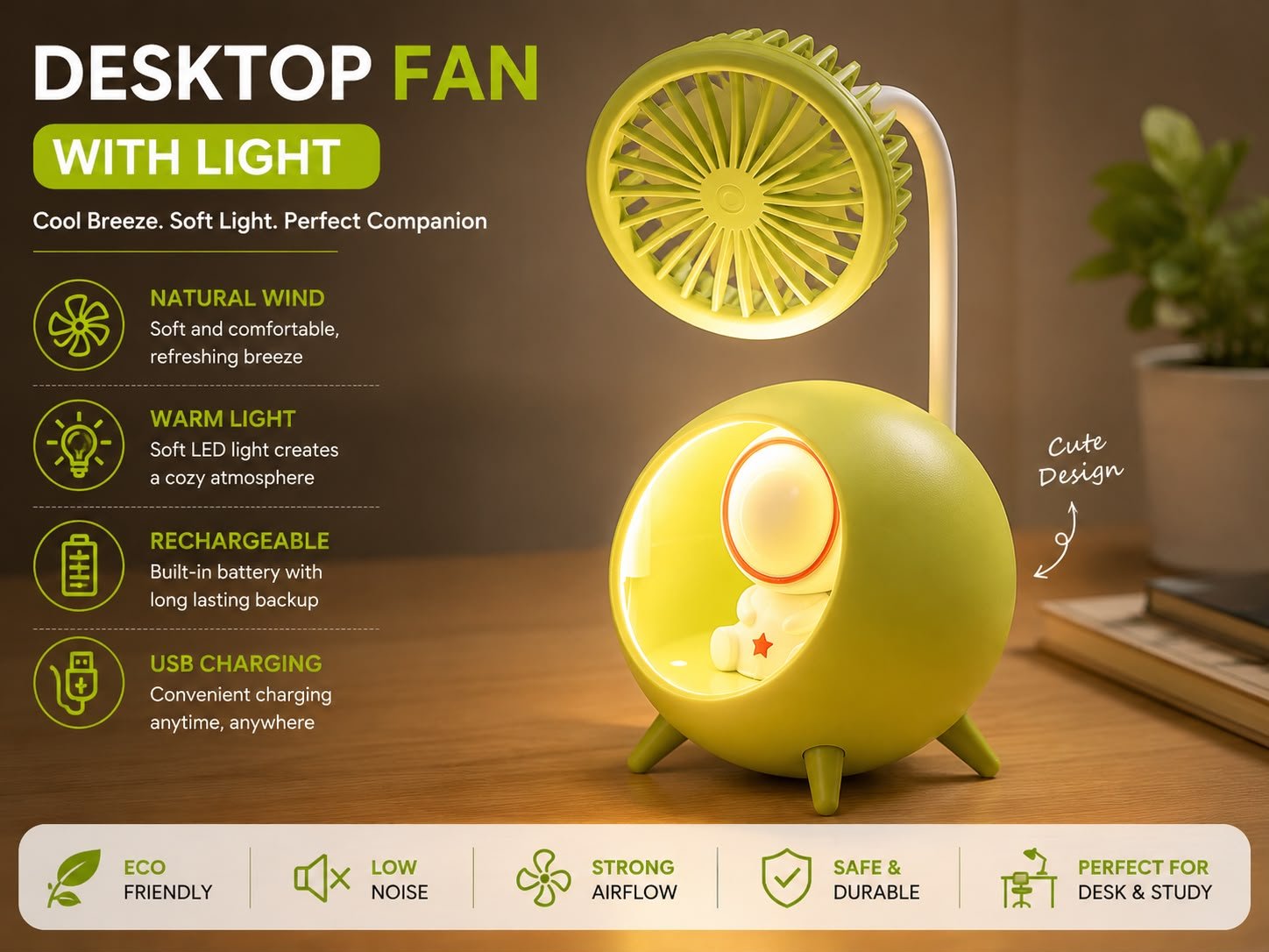 Rechargeable Green Mini USB Desktop Fan | Portable Quiet Desk Fan with Night Light - Image 3