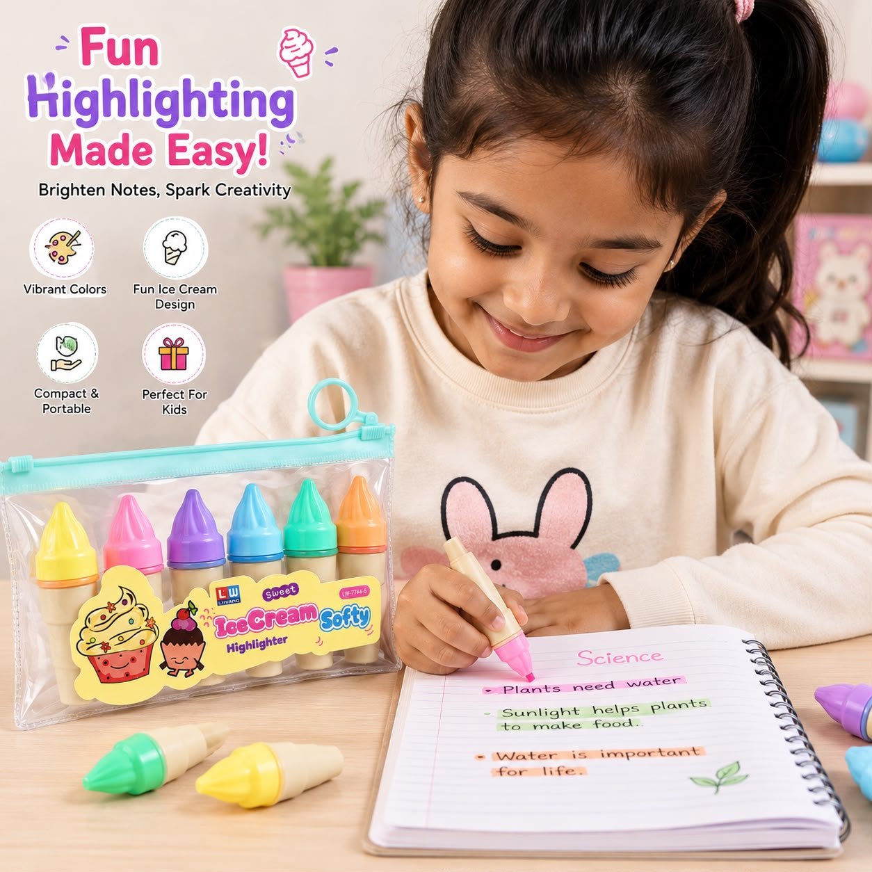 Ice Cream Softy Highlighter Set of 6 | Cute Colorful Highlighters for Kids & Students - Image 4