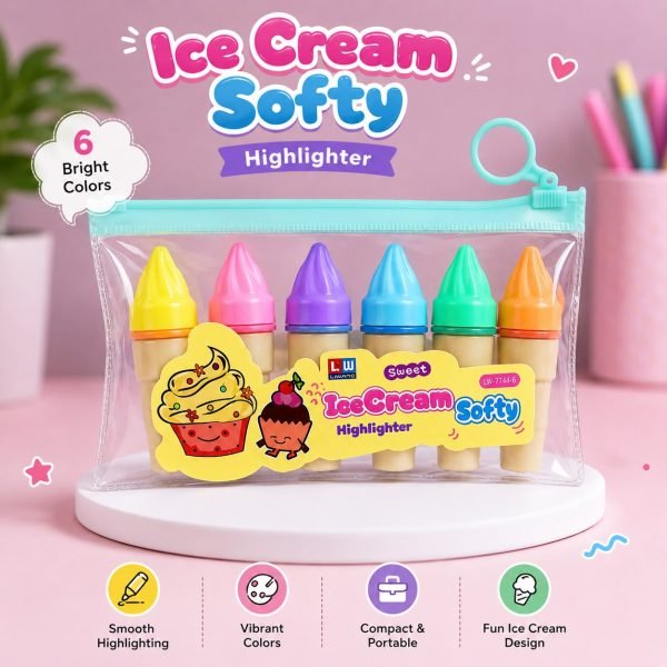 Ice Cream Softy Highlighter Set of 6 | Cute Colorful Highlighters for Kids & Students