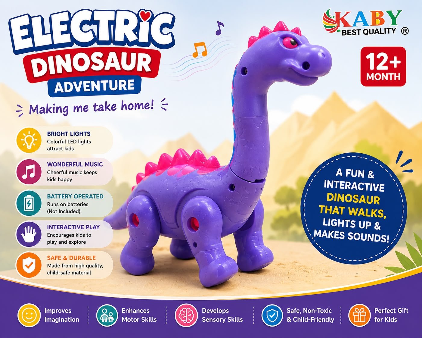 Electric Dinosaur Toy for Kids 12+ Months | Walking Dinosaur with Lights & Music | Interactive Educational Toy