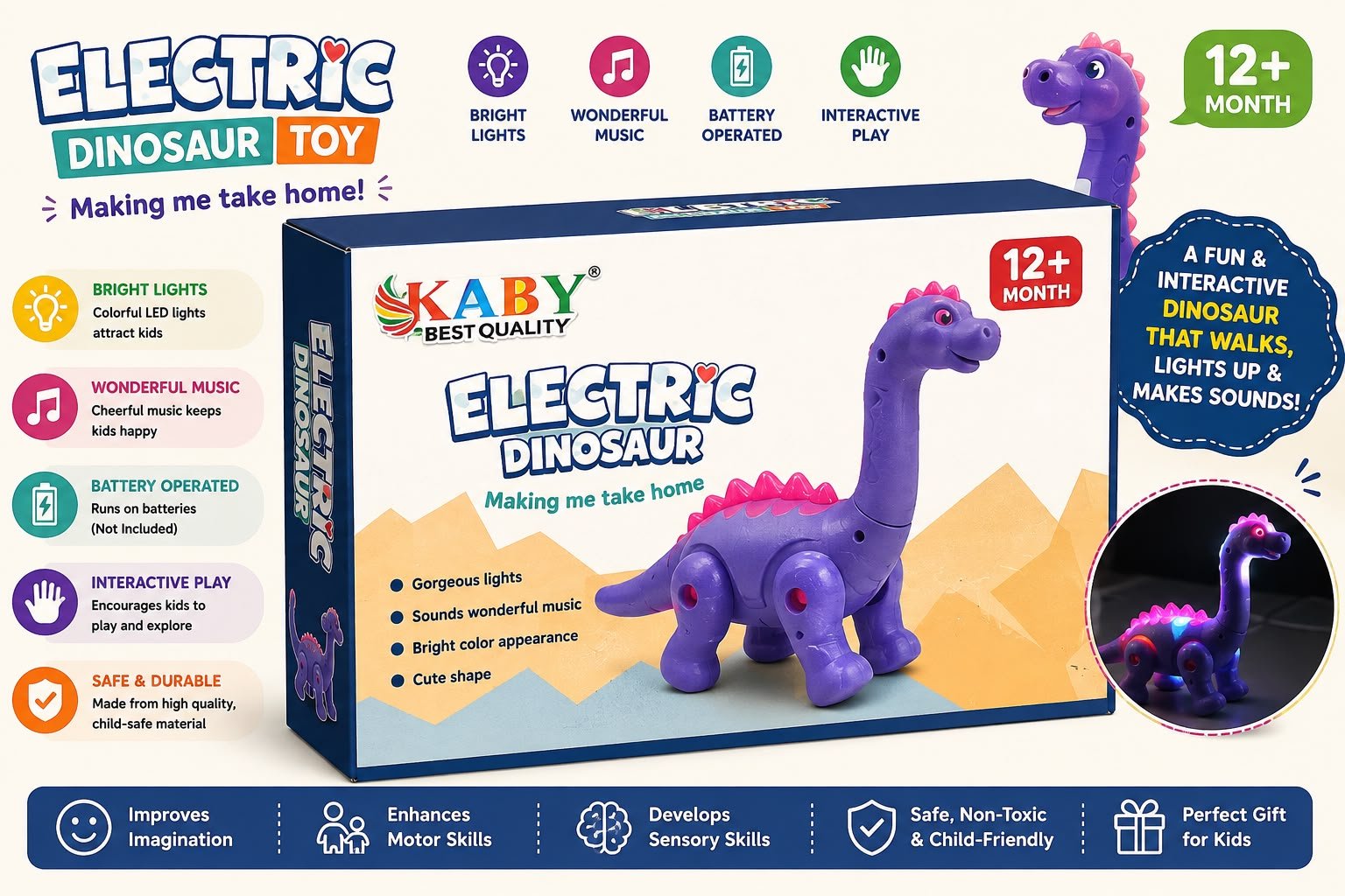 Electric Dinosaur Toy for Kids 12+ Months | Walking Dinosaur with Lights & Music | Interactive Educational Toy - Image 3