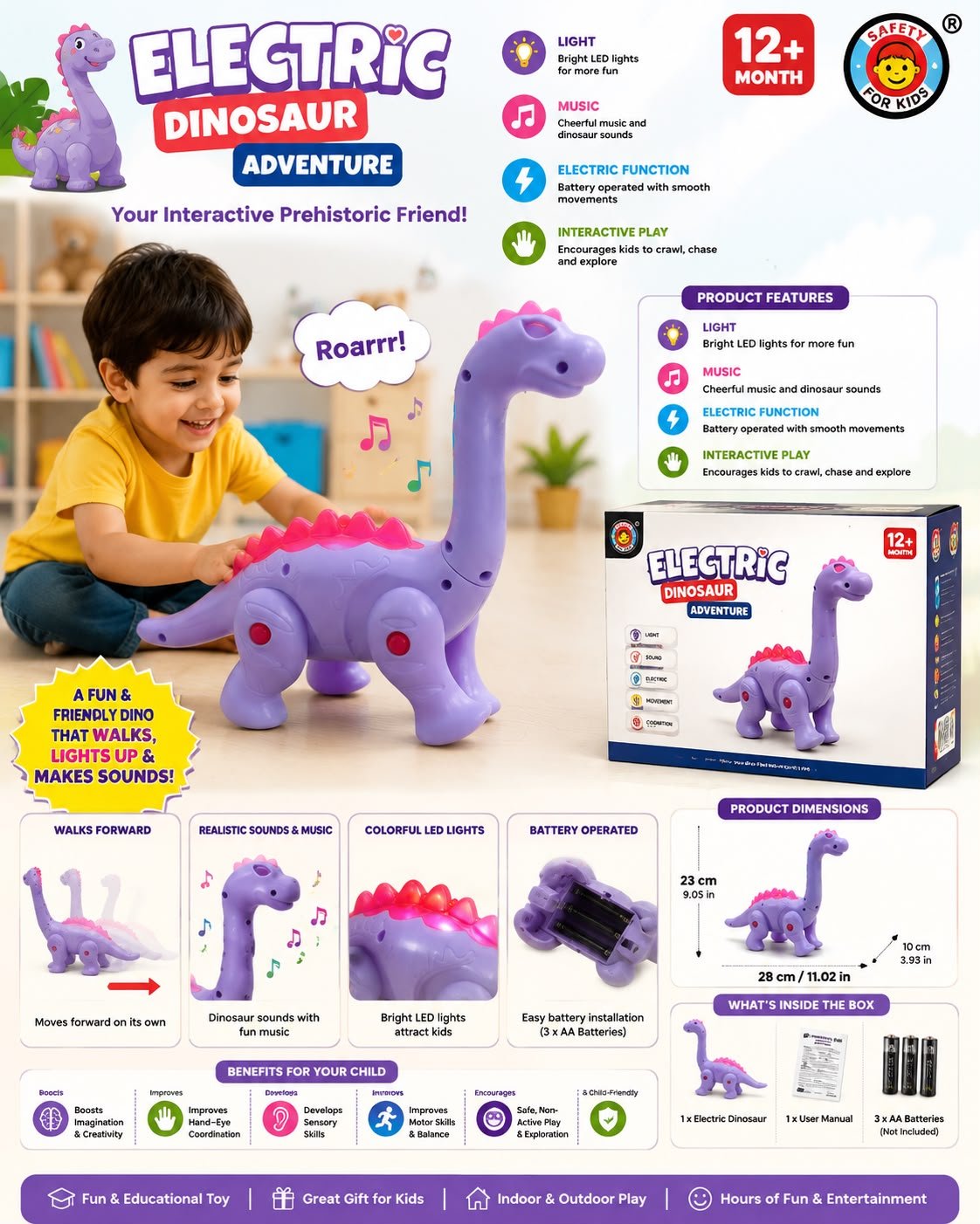 Electric Dinosaur Toy for Kids 12+ Months | Walking Dinosaur with Lights & Music | Interactive Educational Toy - Image 4