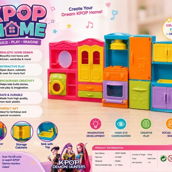 KPOP Home Mini Kitchen & Doll House Toy Set for Kids 3+ | Pretend Play House with Doors, Cabinets & Appliances