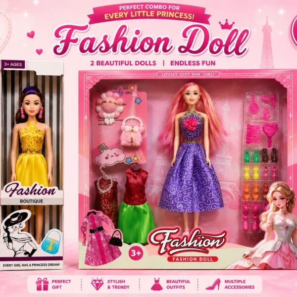 Fashion Doll Combo Set for Girls | 2 Dolls with Dresses & Accessories | 3+ Years