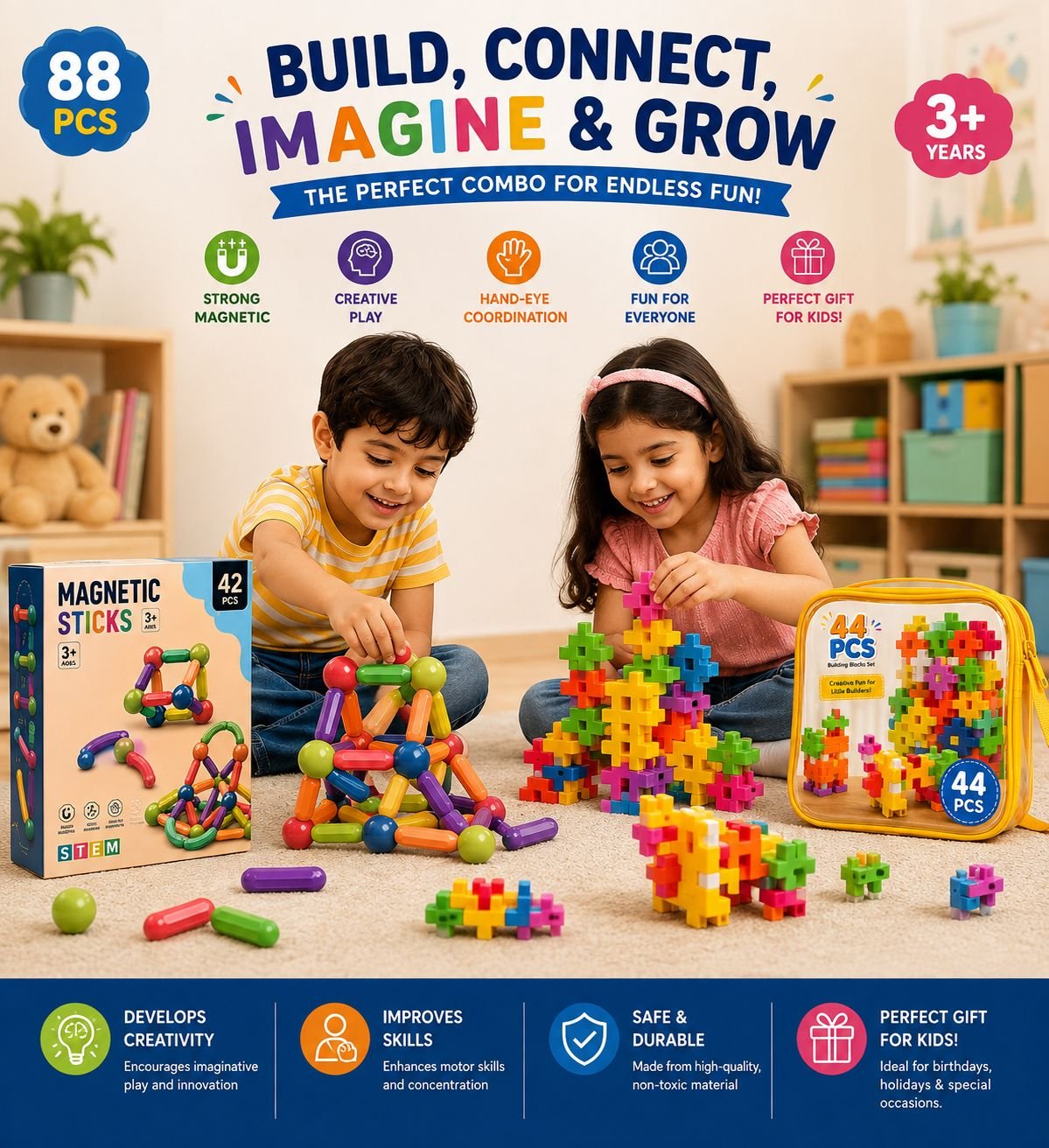 88 PCS Kids Building Toys Combo | 42 PCS Magnetic Sticks & 44 PCS Building Blocks | STEM Creative Construction Set - Image 3