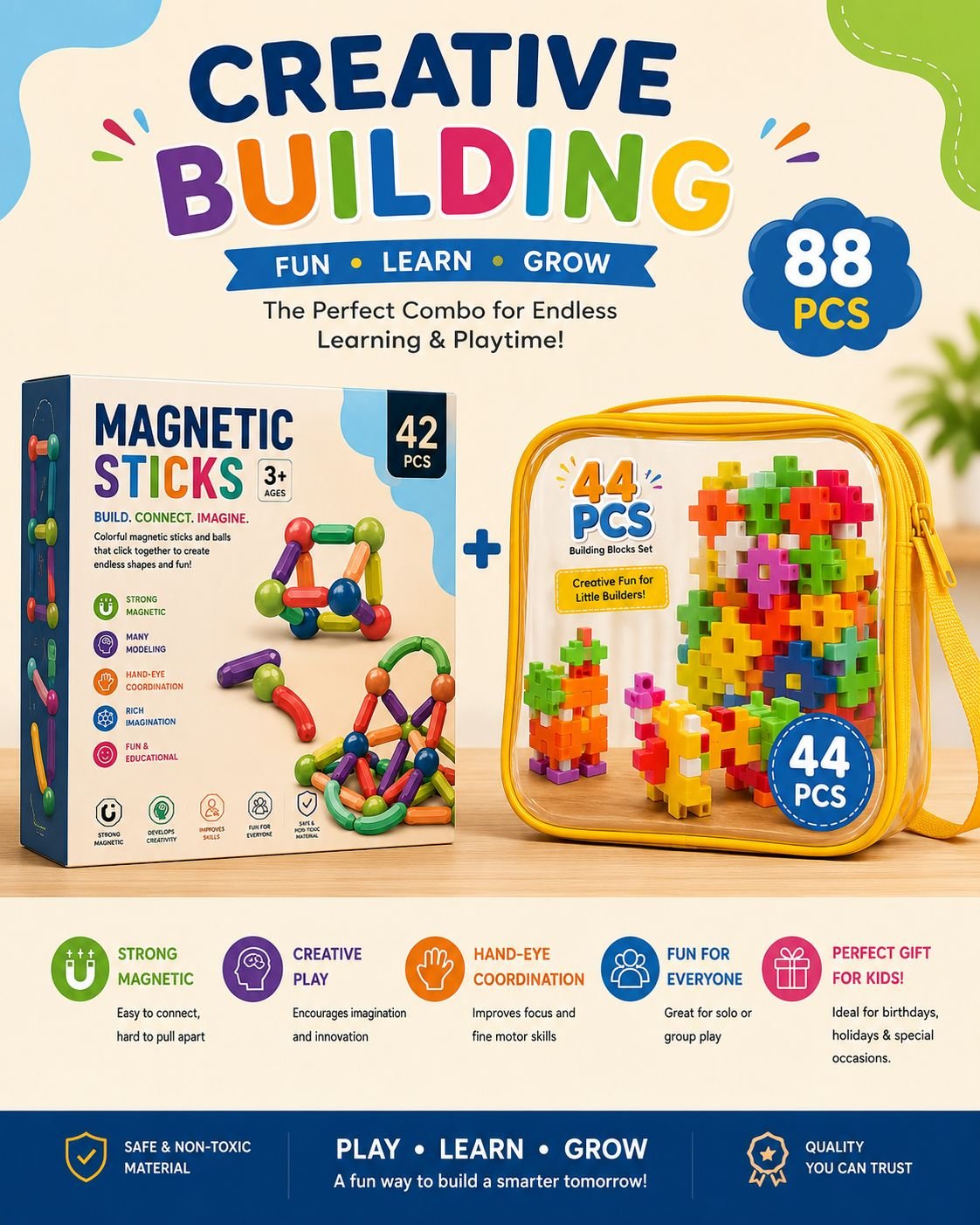 88 PCS Kids Building Toys Combo | 42 PCS Magnetic Sticks & 44 PCS Building Blocks | STEM Creative Construction Set