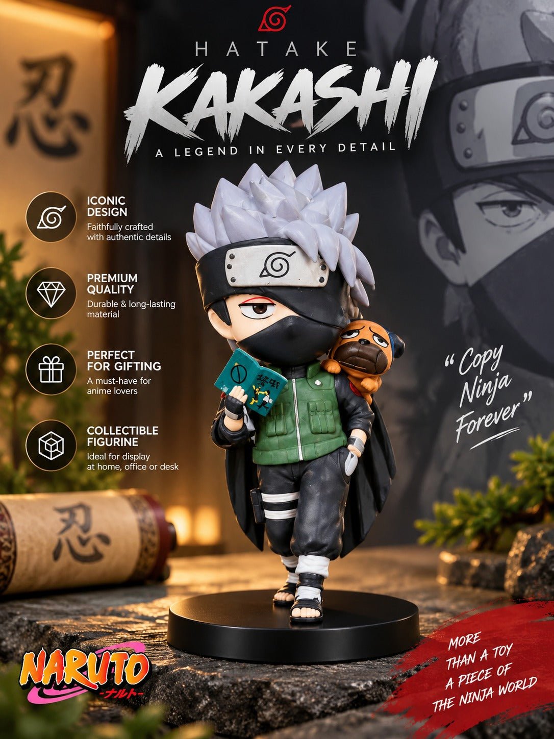 Kakashi Hatake Anime Figurine with Mini Companion & Book | Chibi Ninja Collectible Statue for Desk, Home & Gifting