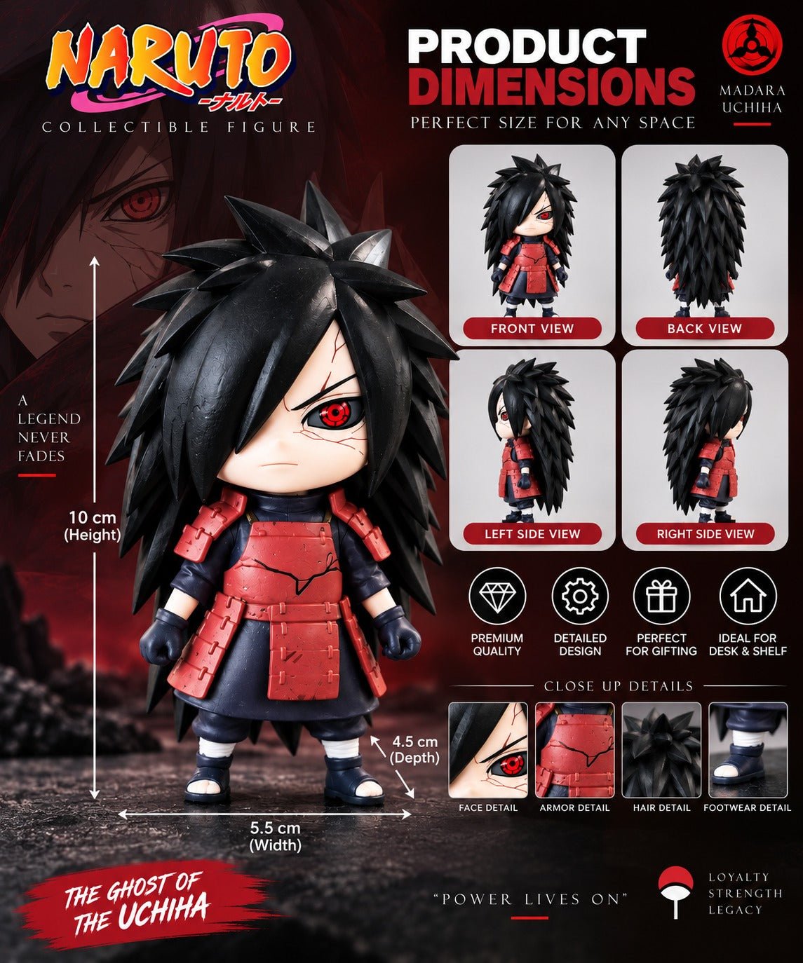 Madara Uchiha Anime Figurine | Chibi Madara Collectible Figure with Display Base | Naruto Figure for Desk, Shelf, Home & Gifting - Image 3
