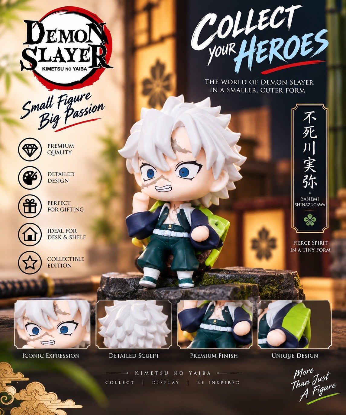 Sanemi Shinazugawa Anime Figurine | Chibi Sanemi Collectible Figure with Rock Base | Demon Slayer Figure for Desk, Shelf & Gifting