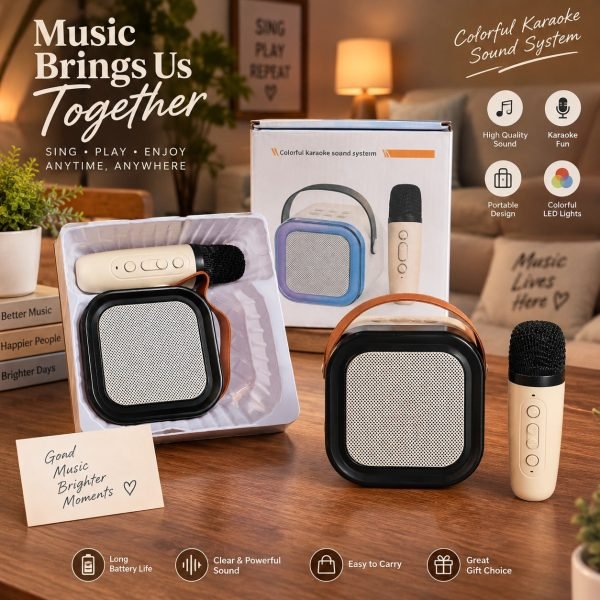 Portable Karaoke Speaker with Wireless Microphone, Colorful LED Lights & Carry Handle – Compact Music Speaker for Kids & Adults