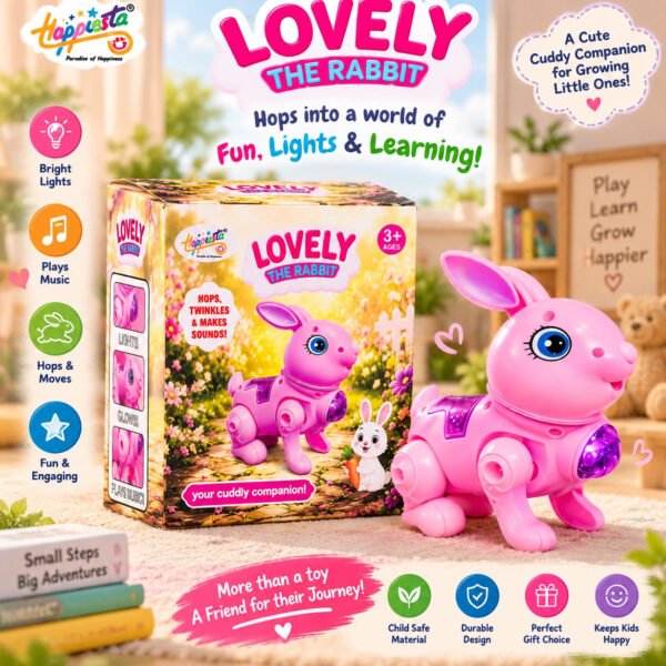 Lovely The Rabbit Interactive Toy for Kids 3+ | Pink Robotic Bunny Toy with Lights, Music, Hopping & Sound Effects | Fun Electronic Toy for Boys & Girls