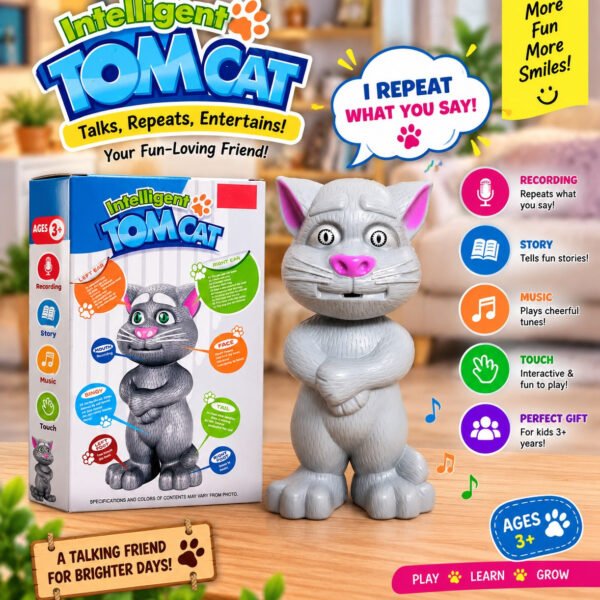 Intelligent Tom Cat Talking Toy for Kids 3+ | Interactive Talking Cat with Voice Recording, Repeat, Music, Stories & Touch Function | Fun Electronic Toy for Boys & Girls