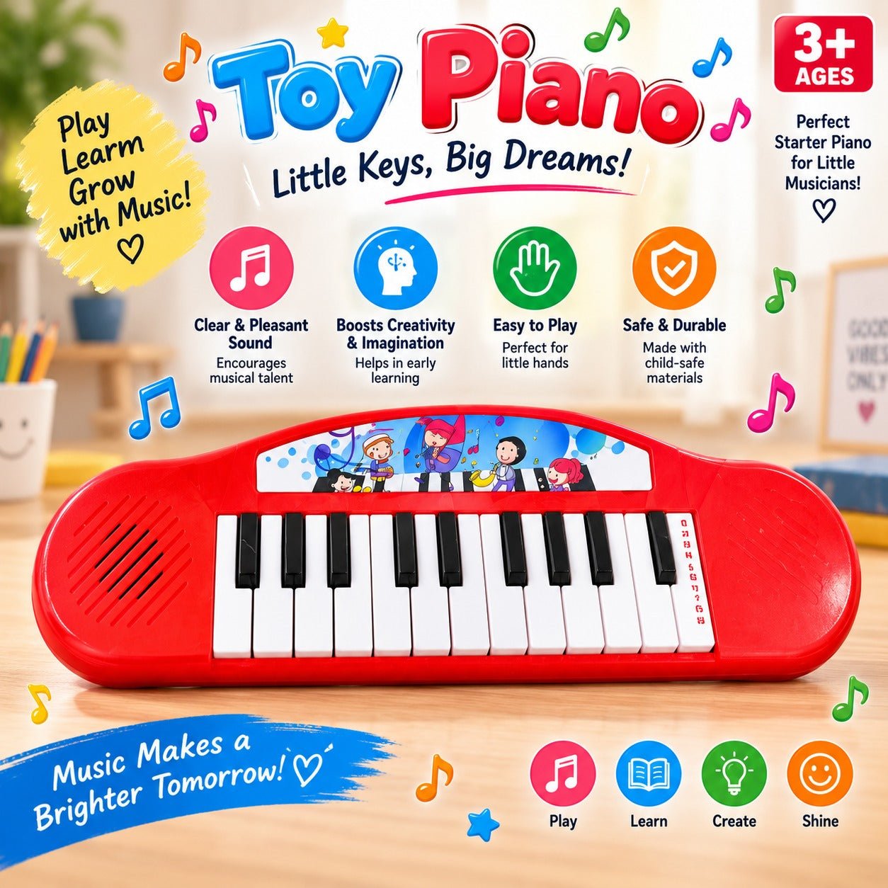 Kids Toy Piano Keyboard 3+ | Red Musical Keyboard Toy for Children | Mini Piano with Black & White Keys for Creative Learning & Fun | YJ Toys - Image 3
