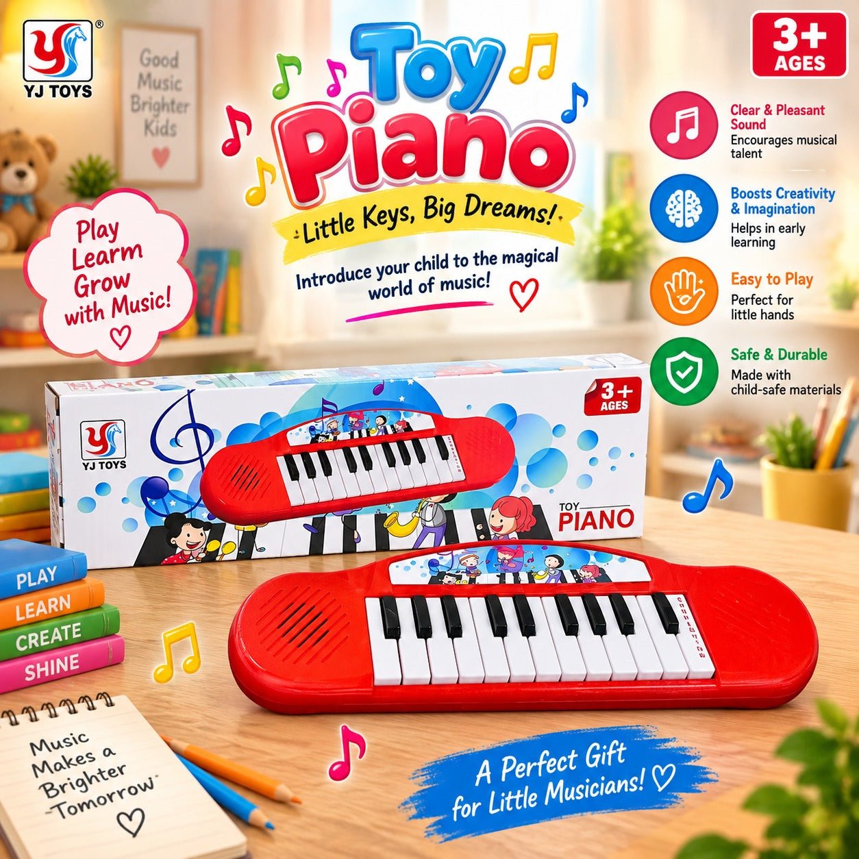 Kids Toy Piano Keyboard 3+ | Red Musical Keyboard Toy for Children | Mini Piano with Black & White Keys for Creative Learning & Fun | YJ Toys